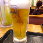 なか卯 - 「生ビール」(280円)。久々にデジカメで撮影したら、こんなピンボケに。どういう測距ロジックなんだろうか？