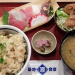 Tsukiji Shokudou Genchan - 深川めしとお刺身　鶏唐揚げ定食