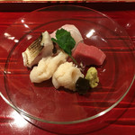 銀座 しのはら - 鯛(明石)・鮪(大間)・かます炙り(千葉)・蝦夷石貝・昆布の煮凝り