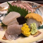 御料理 寺沢 - 鰆のたたき､鮃､鮃の縁側､剣先烏賊､海胆