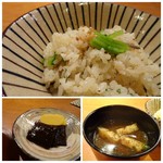Kappou Murakawa - ◆焼き蛤、じめじなどの炊き込みご飯。 蛤の出汁がよく出ています。 ◆南関揚げとお豆腐入りの赤だし。