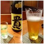 Kappou Murakawa - 頂いたお酒。 ◆貴（90ml:600円）・・これ好きなお酒ですがスッキリした味わいでいいですね。 ◆生ビール×２・・飲みかけ画像でスミマセン。m(__)m