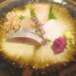 小熊 - 向付（クエ、しめ鯖、ケンサキイカ）