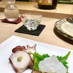 鮨処 有馬 - ヤナギタコ三種。薄造り、柔らか煮、吸盤ポン酢漬け。タコの旨みと歯応えを三種味わえる一皿。参りました。