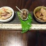 魚酔庭 - お通し三品。