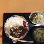 いただきさんの海鮮食堂 - 本日の日替り定食    海鮮食堂なのに何故かカレー
      海鮮カレーという事で上に味付したエビとイカが乗ってます