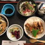 旬彩亭 秀 - 「丼・どん・ドン」（山かけ丼・キジ丼・かき揚げ丼）　蓋がしてあるのは味噌汁と茶碗蒸し