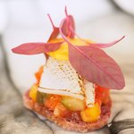 L'Octave Hayato KOBAYASHI - ランチコース 5598円 の長崎対馬 白イカ、木苺、野菜のトマト煮込み、ホオヅキ、アマランサス