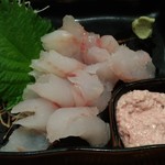 Umi No Sachi Mimi - どんこ(エゾアイナメ)の刺身　肝醤油で