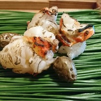 松川 - 先付け：伊勢海老半ナマ炭火焼　むかご　味噌ソース　ポン酢スダチ