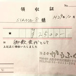 かもふく - レシート代わりの領収をもらった。お通しもあったので、未知数が二つになり、カレー丼の価格は不明っぽい。まあ、合計金額は妥当なところだ。