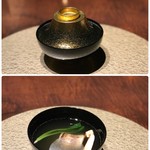 竹泉荘 - 吸物  かますの焼目付 松茸 うぐいす菜 うかし蕪ら 柚子