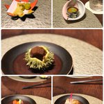 竹泉荘 - 焼物八寸 のどくろの若狭焼き 栗の琥珀煮 毬栗入り 新銀杏 丸十煎餅 秋刀魚満月 スモークサーモン手綱寿司