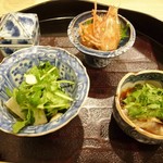Noya shichi - 涎鶏、ボタンエビ老酒漬け、秋刀魚四川山椒、クレソンとパクチー