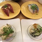 Kappa Sushi - 焼津港かつお、北海道産さんま、瀬戸内海産蒸し牡蠣ジュレポン酢、蒸し牡蠣ガリバタ炙り