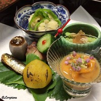 日本料理 新茶家 - 鱧の揚げ浸し､鷹ヶ峯唐辛子､丸十栗芋､芋茎の胡桃和え､海胆莫久来､二子芋田楽､蛸胡瓜串