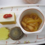 日光　千姫物語 - 前菜（烏賊雲丹和えへ、南瓜チーズ、丸十、牛蒡）