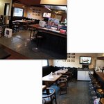 お好み亭 ゆにおん - 店内は、カウンター10席、四人テーブル3卓、小上がり四人テーブル2卓。