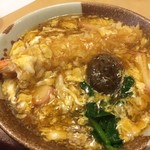 えびすや - かき玉海老天うどん(アップ)　あんかけのかきたま汁に絡まった海老天が旨いのなんのっ☆☆☆サクッと感がきちんと残っているのが最高っ！！　2017/10/28