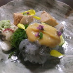 和食あかざわ - 紅葉鯛昆布〆　鮟肝西京味噌　由比の生しらす　酢味噌　熟成土佐醤油と自家製ポン酢