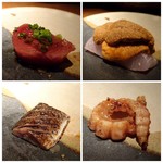 大どころ - ＊左上：歯鰹（長崎）漬けで。 ＊右上：鱸（姪浜）赤雲丹（唐津）のせ ＊左下：炙り秋刀魚（北海道） ＊右下：エンガワ（炙りで） どの品も美味しいのですが、この４品が秀逸でした。