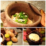 大どころ - ＊上：茹で落花生・揚げ栗・銀杏とむかごの揚げ串。 ＊左下：タイラギのヒモ＆肝のおろし和え。 ＊右下:アンポ柿チーズ寄せ。 どれも美味しいですね、お酒がすすみます。