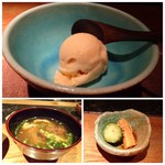 大どころ - ◆大分産キノコタップリのお味噌汁。 ◆自家製「糠漬け」。 ◆デザートは「無花果（佐賀産）のアイス」