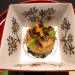 龍吟 - お造り 平目、煮鮑、伊勢海老 柚子と三つ葉の香りのコノワタ和え