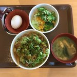 すき家 - ネギ玉牛丼(並) -オクラのサラダ  -ワカメネギ油揚げのお味噌汁セットで620円