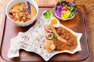 Curry Shop S - 北海道コンビカレーセット(チキンと野菜ハーフスープカレー、シーフードハーフルウカレー、新鮮サラダ)