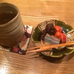 Oryouritetsuya - 会席コース料理。デザート：苺・寒天・茹で小豆