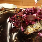 やまぐち - ＊子持ち鮎は時間をかけて丁寧に焼かれていましたので、骨まで頂けます。 添え野菜の名称忘れたのですが、バルサミコソースのドレッシングが美味しくて。