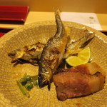 銀座 しのはら - 琵琶湖の鮎の塩焼き 生姜醤油焼き 滋賀県三雲の猪 水の実