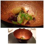 食堂セゾンドール - ◆真鯛のベーニエ、　肝オイル。 ベーニエとはフリットのような品だそう。コクのある肝オイルの味わいがよく合います。