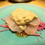 銀座 盡 - カワハギにキモとゴマのタルタルソース風