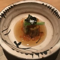 霞庭 まつばら - 焼茄子とつくね芋豆腐 いくら、湯葉、芽葱、べっこうあん、山葵