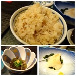 博多石焼 大阪屋 - *鶏とごぼうの炊き込みご飯。 ＊お刺身（何かは不明） ＊おきゅうと。