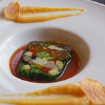 手打ち蕎麦とフレンチの やな木 - 秋野菜とあんぽ柿のテリーヌ トマトソースと柿のチャツネ