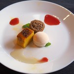 手打ち蕎麦とフレンチの やな木 - マロンフォンダン、パンプキンプディング、グレープフルーツと生姜のアイス