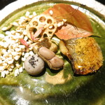 和しょく　えびはら - エボ鯛の自家製カラスミ焼き　富士宮産オオマサリ　キヌカツギ　粟麩の田楽　蓮根　稲穂揚げ