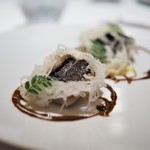 生命力〜　鱧の炭焼きと洋梨、大根、山椒と白味噌、赤ワイン酢の煮詰め