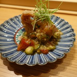 寿しの吉乃 - 2017.11 静岡天竜の金目鯛、オクラとトマトの黒酢あん、芽ネギ