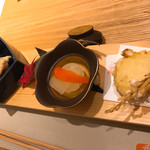 四季会席 香桜凛 - 八寸 鮟鱇の一味焼き  鵡川のシシャモ  牛乳の天ぷら♫