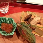 割烹 新多久 - 先付5点；はらこ味噌漬/すっぽん煮/焼漬/白子旨煮/厚焼玉子 @2017/10/22