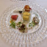 アマルフィイ - 前菜５種の盛り合わせ（ひげ鯛のカルパッチョ、仔牛、ホタテのコロッケ、かぼちゃ、他）