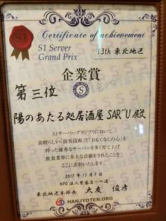 Hinoataru Tokoro Izakaya Saru - S-1サーバーグランプリって大会で東北3位に選ばれました