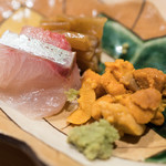 うを徳 - 2017.11 お造り（愛媛八幡浜縞鯵、浜中バフンウニ、栃木干瓢）