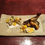 りょうりや 御旅屋 - むかごと銀杏のかき揚げ  子持ち鮎川の若狭焼き