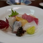 すし処 かね田 - ある日の10,000円コース…お造り(しめ鯖、帆立、中トロ、つぶ貝、ヒラメの昆布締め、ヤリイカ、イワシ)