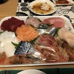 左上から、マグロ赤身、まつかわ、中トロ、アオリイカ、サーモン、サンマ、ホタテ、シメサバ、シマソイ、ボタンエビ